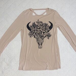 Vocal Tan Long Sleeve Top with Bull Skull and Floral Design